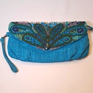Chicos Boho Style Turquoise Beaded Clutch Hand Bag Purse with Wrist Strap.